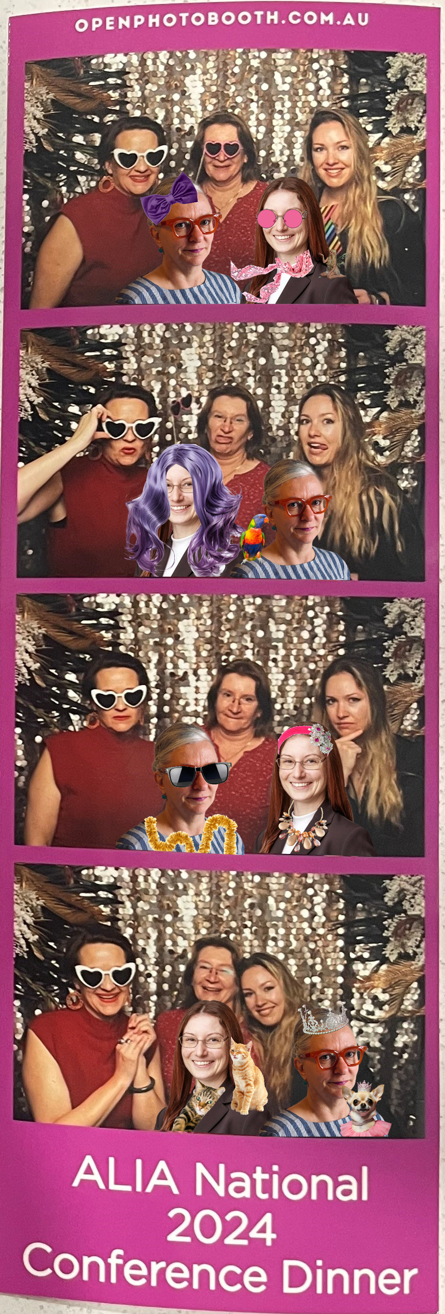 ALIA National Conference dinner photobooth photos of Katya Henry, Angie Williamson and Ash Barber, with Sarah McQuillen and Jennifer Hurley photoshopped in. All are in various silly poses wearing an assortment of novelty hats, glasses, jewellery, feathers and fake animals.